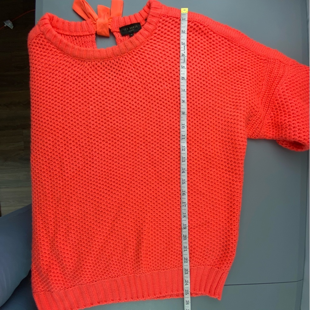 Ted Baker Neon Orange Fishnet Sweater with Bow Tie on Neck - Picture 9 of 12